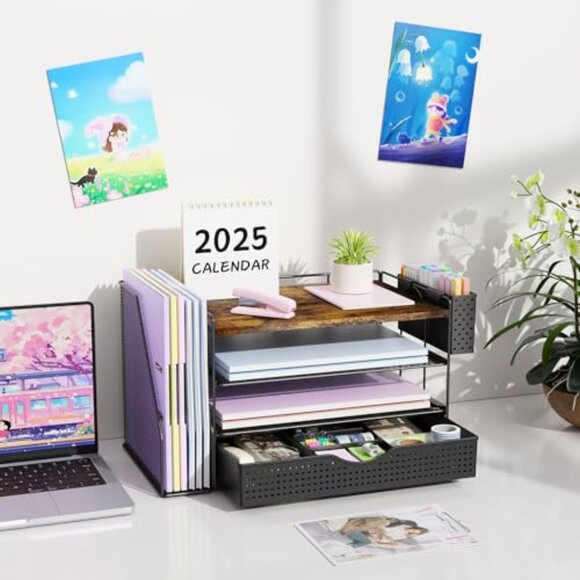 4-Tier Wood Desk Organizer with Drawer, Pen Holder & File Rack - Picture 8 of 8